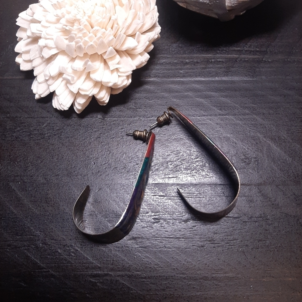 Vintage 80s Oversized Earrings Half Hoop Glitter Enamel Hand Painted - Picture 4 of 9
